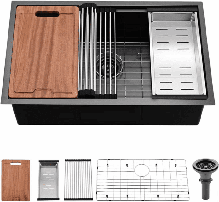 33 Inch Black Undermount Kitchen Sink Workstation- 33X19 Stainless Steel Kitchen Sink Undermount 16 Gauge Deep Single Bowl Black Sinks with Cutting Board