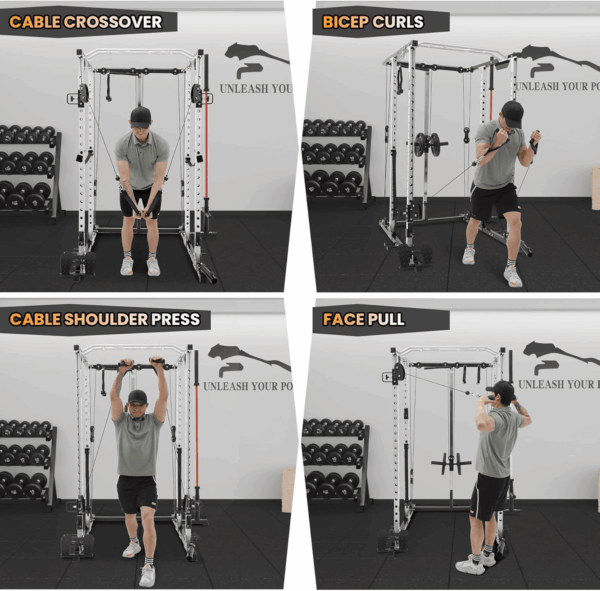 Power Cage, 2000 LBS Power Rack with Cable Cross-Over System, Multi-Functional Strength Training Squat Rack with LAT Pull down System, Home Gym Equipment with Training Attachment, White - Image 2