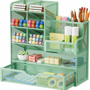 Mesh Pen Holder for Desk, Multi-Functional Pencil Organizer with Drawer, Desk Organizers and Accessories for Office Art Supplies (Green)