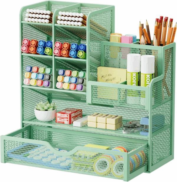Mesh Pen Holder for Desk, Multi-Functional Pencil Organizer with Drawer, Desk Organizers and Accessories for Office Art Supplies (Green)