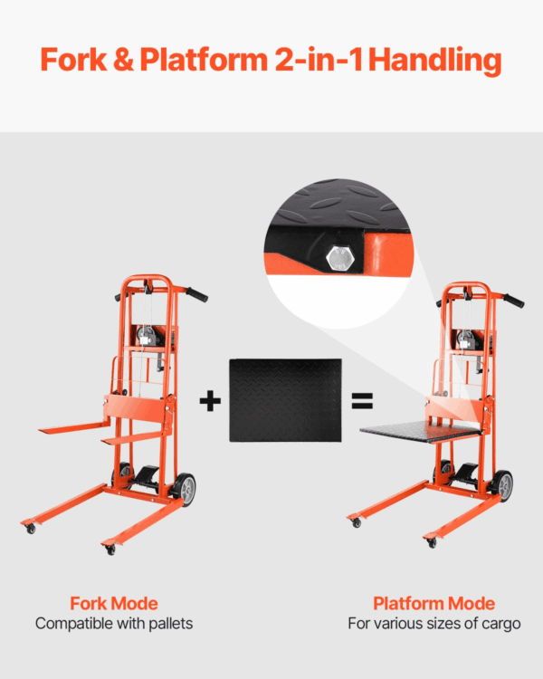 Material Lift Winch Stacker, 330Lbs Capacity Pallet Truck Dolly, 42.9In Max Lifting Height Manual Winch Stacker, Multifunctional Manual Pallet Truck Stacker with Swivel Casters and Lift Plate - Image 3
