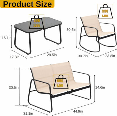 4-Piece Patio Furniture Set, Textilene Conversation Set with 2 Rocking Chairs and Tempered Glass Coffee Table, Perfect for Indoor Patio Lawn Garden Poolside, Brown - Image 4