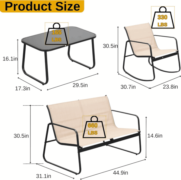 4-Piece Patio Furniture Set, Textilene Conversation Set with 2 Rocking Chairs and Tempered Glass Coffee Table, Perfect for Indoor Patio Lawn Garden Poolside, Brown - Image 4