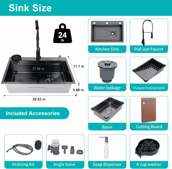 29.5 * 17.7 Inch Kitchen Sink, Single Bowl Stainless Steel Sink Multifunctional Drop in Sink with Pull-Down Faucet and Multiple Accessories (Black Grey, 29.5 * 17.7 Inch) - Image 2