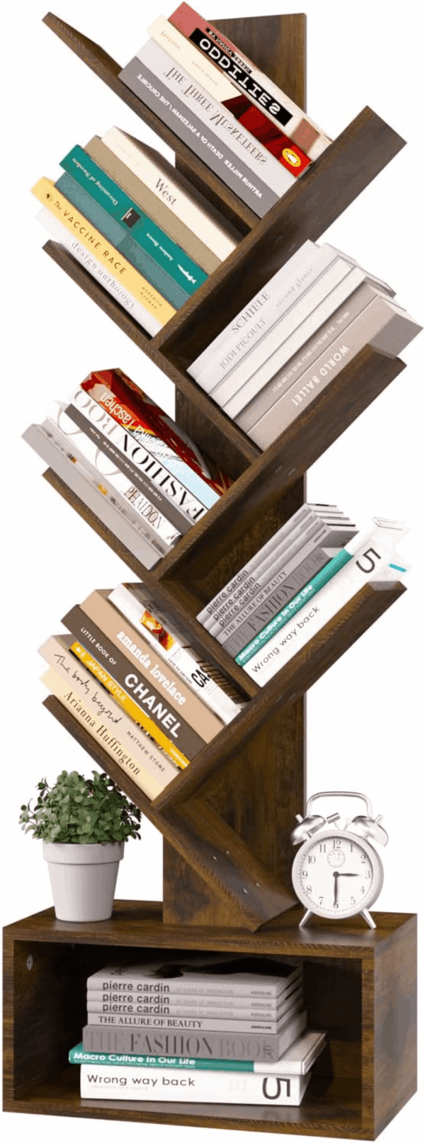 Tree Bookshelf - 6 Shelf Retro Floor Standing Bookcase, Tall Wood Book Storage Rack for Cds/Movies/Books, Utility Organizer Shelves Bedroom, Living Room, Home Office, Rustic Brown