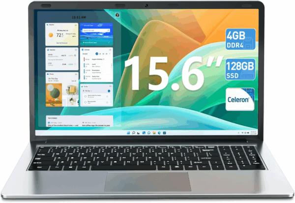 15.6 Inch Laptops, 4GB RAM, 128GB SSD Laptop Computer, Celeron N4000 Processor Notebook, Bluetooth5.0, Mini HDMI, Webcam, 7000Mah, Type-C, UHD Graphics 600(Sliver)