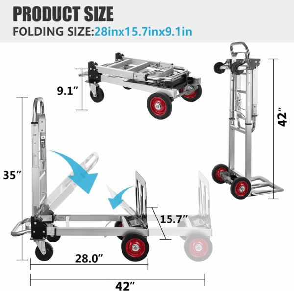 2 in 1 Aluminium Hand Truck Dolly 450Lbs Capacity, Heavy Duty Convertible Hand Truck W/Pneumatic Wheels, Foldable Dolly Cart Collapsible Dolly for Moving with Retractable Handle - Image 3