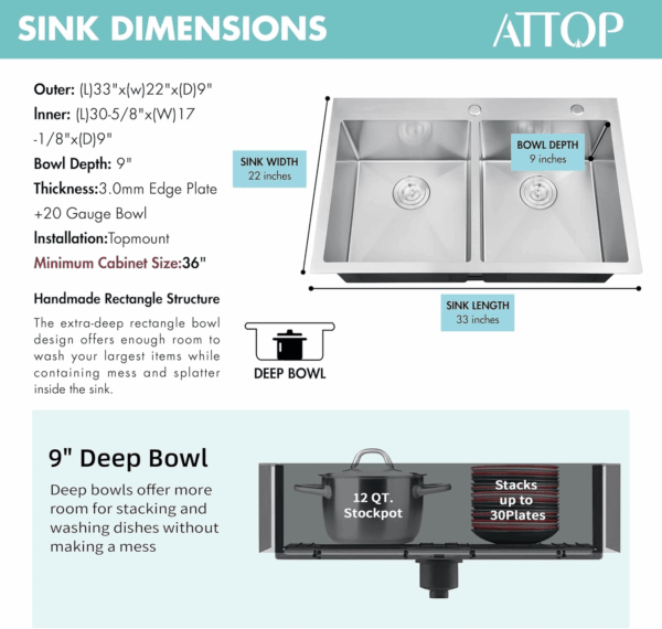 33 Inch Large Double Bowls Drop in Kitchen Sink,Nano Coating Stainless Steel Handmade Topmount Kitchen Sink - Image 2