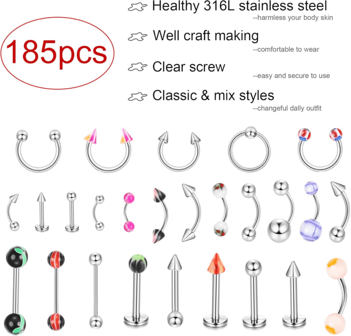 142Pcs - 185Pcs Body Piercing Jewelry for All Piercings, Tongue Nipple Rings Eyebrow Lip Belly Button Barbell Nose Piercing Tragus Navel Body Jewelry for Women Piercings 14G-18G - Image 2