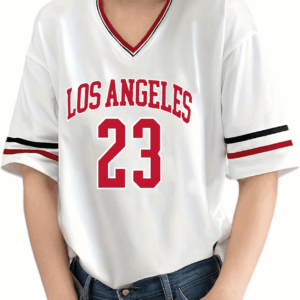 American Jersey for Women Oversized Graphic Stripe Trim V Neck Drop Shoulder Summer Tshirts