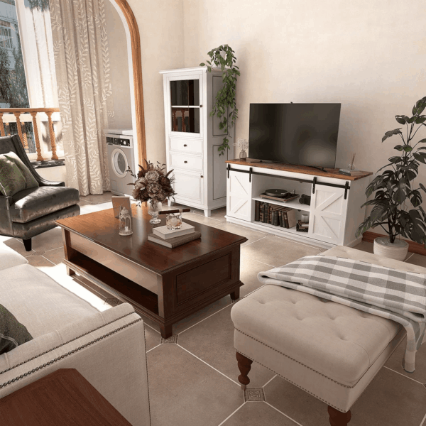 TV Stand for 65 Inch TV, Entertainment Center with Storage Cabinets and Sliding Barn Doors, Mid Century Modern Media TV Console Table for Living Room Bedroom (Bright White) - Image 6