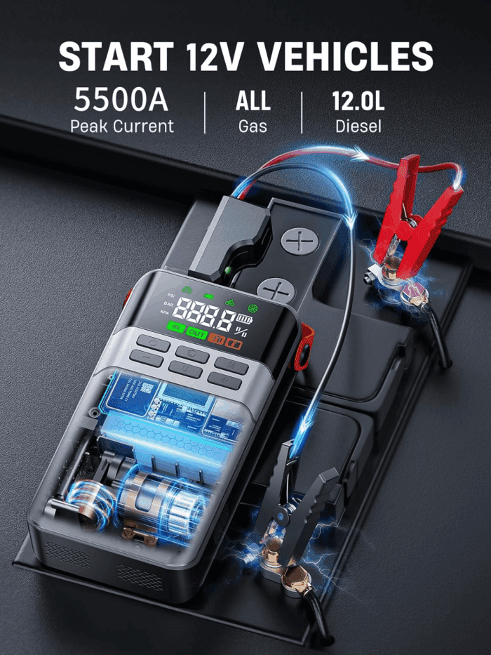 8-In-1 Car Battery Jump Starter with Air Compressor,5500A Portable Jump Starter Pack with 150PSI Tire Inflator, 12V Safe Lithium Jump Box with LCD Display,Flashlight(Up All Gas/12.0L Diesel) - Image 2