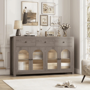 55.1" Large Sideboard Buffet Cabinet with Storage, Farmhouse Kitchen Display with 3 Drawers and 4 Doors, Wood Coffee Bar for Kitchen, Ash Grey