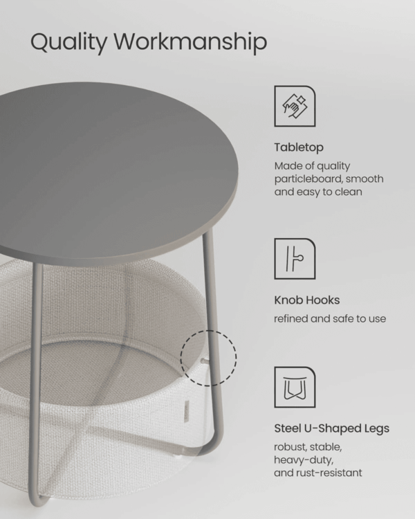 End Table, Small Bedside Table with Fabric Basket, Modern Nightstand, round Side Table, for Living Room, Bedroom, Cement Gray and Cream White ULET223G49 - Image 5
