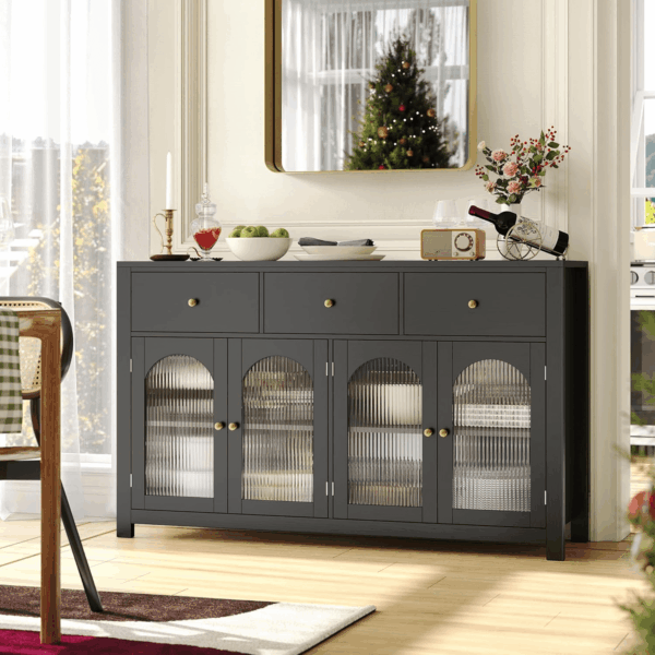Buffet Cabinet with Storage, 55.1" Large Sideboard Buffet Farmhouse Kitchen Cabinet with 3 Drawers and 4 Doors, Wood Coffee Bar for Kitchen, Black - Image 4