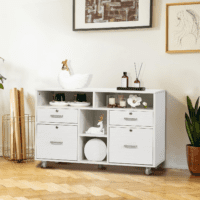 Wood Mobile File Cabinet with 4 Drawers and Shelves, Printer Stand with Open Storage, Lockable Lateral Filing Cabinet for Home Office, Assembly Required, Light Beige Close to White - Image 7