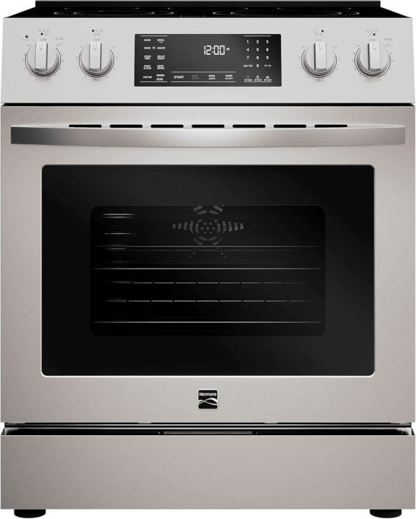 Front Control Electric Range Oven with 5 Cooktop Elements with 7 Cooking Power Options, True Convection, Steam and Self Clean, Freestanding Oven, 4.8 Cu. Ft. Capacity Stainless Steel