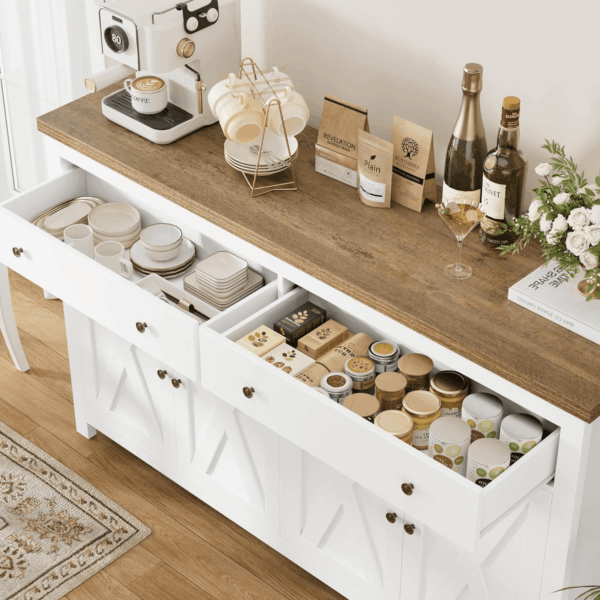 Sideboard Buffet Cabinet with Storage, 55" Large Kitchen Storage Cabinet with 2 Drawers and 4 Doors, Wood Coffee Bar Buffet Table Console Table for Kitchen Dining Room, White - Image 7