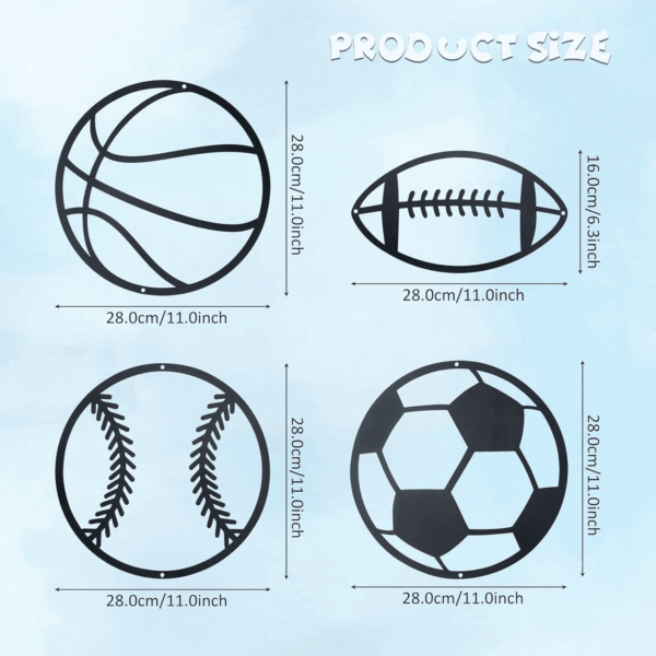 Metal Sports Sign Wall Decor,Basketball Soccer Baseball and Football Art,Sports Room Decor for Kids Teen Boy Son,Sports Themed Bedroom Playroom Nursery Decor 4Pcs Black - Image 2
