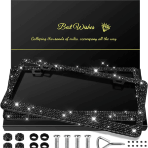 2 Pack Bling License Plate Frames for Women, Sparkly Rhinestone Diamond Car Accessories with Glitter Crystal Caps (Black)