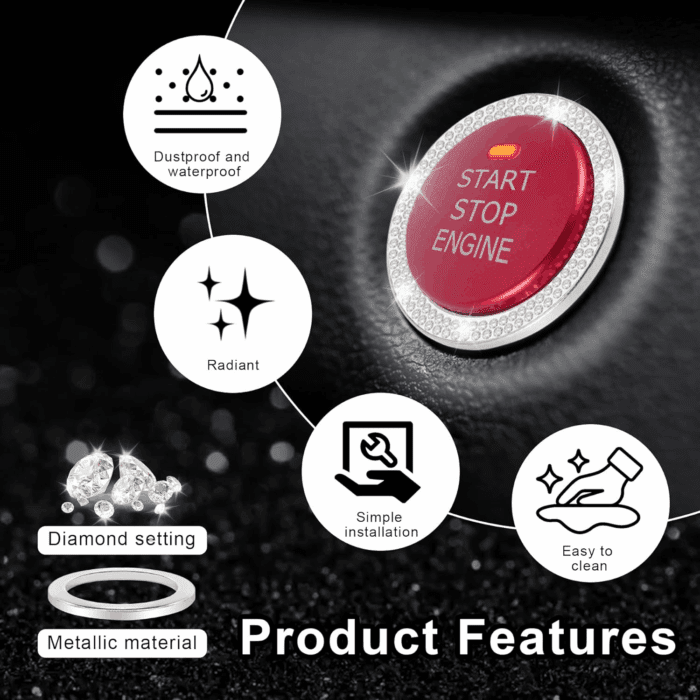 2 PCS Crystal Double Rhinestone Car Engine Start Stop Decoration Ring, Bling Car Interior Accessories for Women, Push to Start Button Cover/Sticker, Key Ignition & Knob Bling Ring, White - Image 5