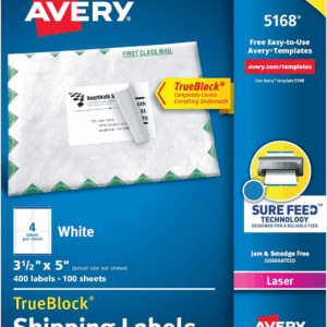 Printable Shipping Labels with Sure Feed, 3-1/2" X 5", White, 400 Blank Mailing Labels for Laser Printers (5168)