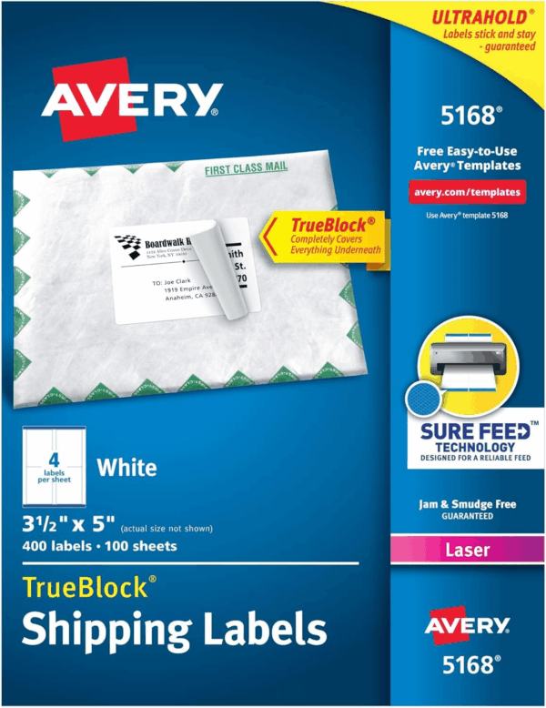Printable Shipping Labels with Sure Feed, 3-1/2" X 5", White, 400 Blank Mailing Labels for Laser Printers (5168)