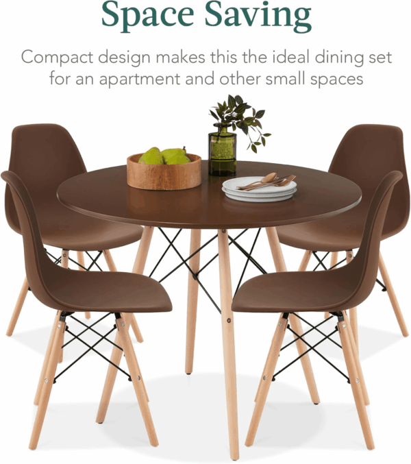 5-Piece Dining Set, Compact Mid-Century Modern Table & Chair Set for Home, Apartment W/ 4 Chairs, Plastic Seats, Wooden Legs, Metal Frame - Brown/Oak - Image 6