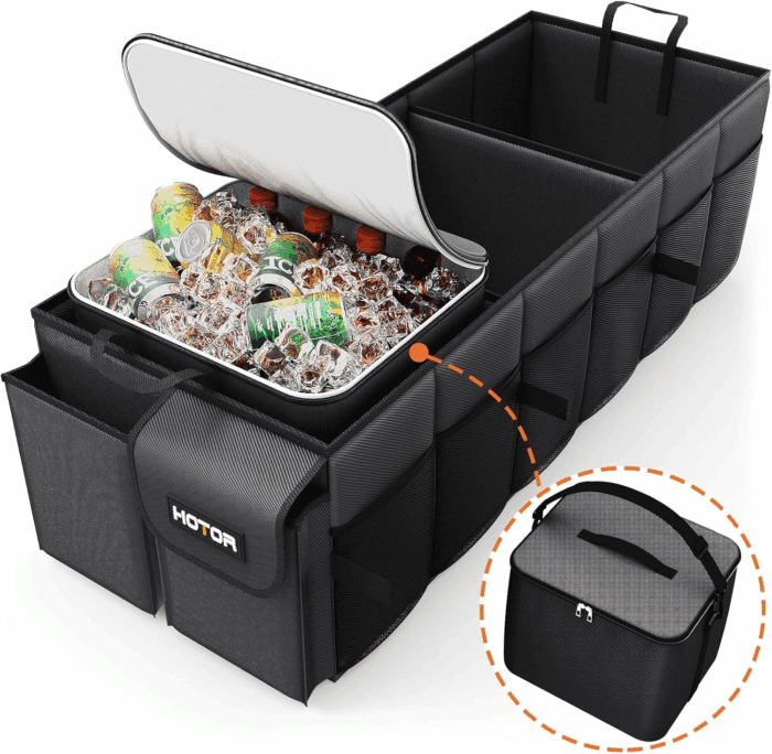 Trunk Organizer, Sturdy Foldable with Cooler for Car & SUV, 3 Compartments, Black, 30.90'12.60'10.63'