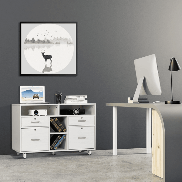 Wood Mobile File Cabinet with 4 Drawers and Shelves, Printer Stand with Open Storage, Lockable Lateral Filing Cabinet for Home Office, Assembly Required, Light Beige Close to White - Image 8