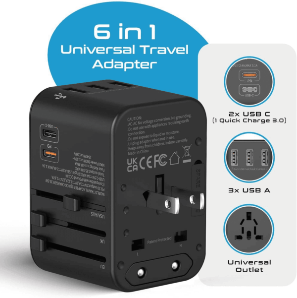 World International Travel Plug Adapter - Powerful 33.5W with Pd & QC 3.0 Dual USB-C Power - 3 USB Ports Wall Charger Type I C G a Outlets 110V 220V A/C - EU Euro US UK (11-KU) - Image 2