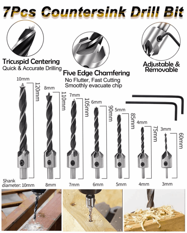 32 Pack Woodworking Chamfer Drilling Tools, Including Countersink Drill Bits, L-Wrench, Wood Plug Cutter, Step Bit, Center Punch, Cutting Twist Bits - Image 2