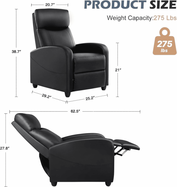 Recliner Chair for Adults, Massage PU Leather Small Recliner Home Theater Seating with Lumbar Support, Adjustable Modern Reclining Chair with Padded Seat Backrest, Living Room (Black) - Image 3