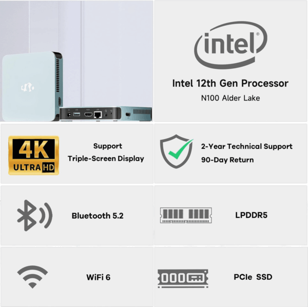 Mini PC Desktop, Desktop PC Pentium 12Th Gen N100 (Up to 3.4Ghz), 16GB RAM 512GB Pcie SSD 4K Triple Display, USB3.2 Type-C Wifi6 BT5.2, VESA, Compact and Light for Home Office Education Win 11 - Image 8