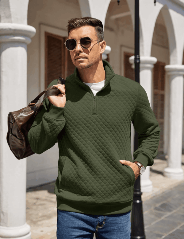 Mens Quarter Zip Pullover Quilted Sweatshirt Knit Long Sleeve Mock Neck Sweater Polo with Pocket - Image 4