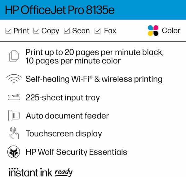 Officejet Pro 8135E Wireless All-In-One Color Inkjet Printer, Print, Scan, Copy, Fax, ADF, Duplex Printing, Best-For-Home Office, 3 Months of Instant Ink Included (40Q35A) - Image 2