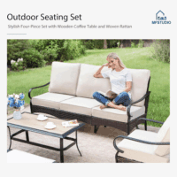 6 PCS Outdoor Patio Furniture Set, Metal Outdoor Conversation Set, Rattan Wicker Patio Sectional with 2 X Swivel Single Sofa, 3-Seat Sofa, 2 X Ottoman, 1 X Fire Pit Table, Beige - Image 2