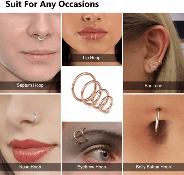 4Pcs 16G 18G 20G Surgical-Steel-Piercing-Ring-Nose-Rings-Hinged-Hoop-Earrings,6Mm 8Mm 10Mm 12Mm Seamless Stainless Steel Clicker Eyebrow Septum Piercing Hoop,Sliver Black Gold Rose Gold Rainbow Body Jewelry Set - Image 7