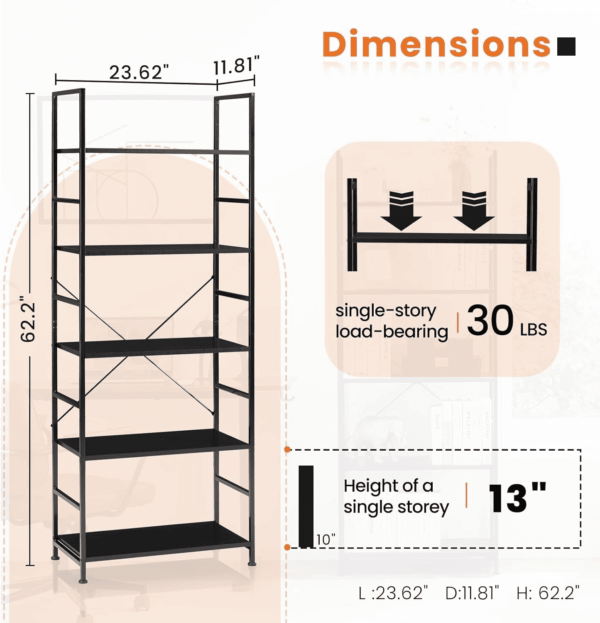 5-Tier Book Shelf Tall Modern Bookcase Set of 2 for Books, Cds, Movies, Storage and Organization Bookshelf Industrial Home Decor for Bedroom Office Kitchen Living Room, Rustic Brown - Image 3