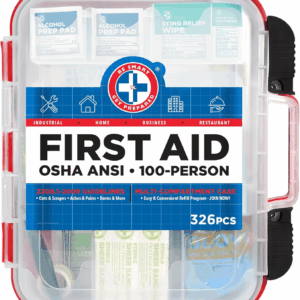 First Aid Kit Hard Red Case 326 Pieces Exceeds OSHA ANSI Guidelines 100 People. Office, Home, Car, School, Emergency, Survival, Camping, Hunting and Sports, FSA / HSA Approved
