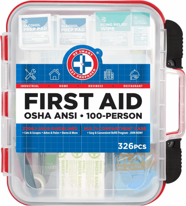 First Aid Kit Hard Red Case 326 Pieces Exceeds OSHA ANSI Guidelines 100 People. Office, Home, Car, School, Emergency, Survival, Camping, Hunting and Sports, FSA / HSA Approved