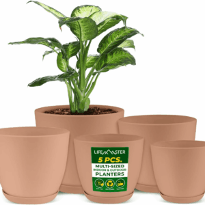 Planter Pots with Drainage Holes - Lightweight, Durable, and Space-Saving Pots for Indoor and Outdoor - Versatile Functionality, Simple Modern Design, Set of 5 Plastic Planter Pots - Pink
