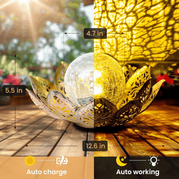 Solar Lights Outdoor Garden Decor, Adjustable Metal Petal Lotus Flower Lights Crackle Globe Glass Lantern Outdoor Table Decor Waterproof for Patio, Lawn, Pathway, Pond, Christmas Gift - Image 6