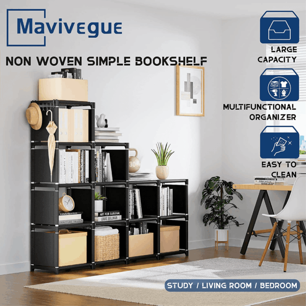 Book Shelf, 12 Cube Storage Organizer, DIY Bookcase, Metal Bookshelf,Tall Book Case for Bedroom, Living Room,Office,Closet, Black Cubicle Rack - Image 9