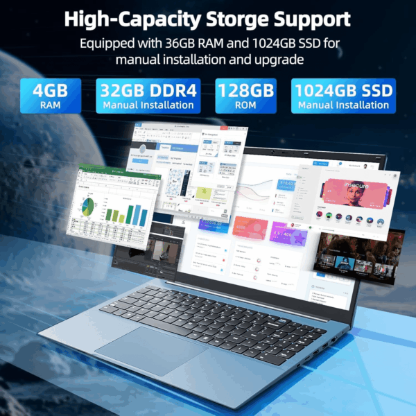 15.6 Inch Laptops, Windows 11 Laptop Computers with 36GB RAM 128GB EMMC+1024GB SSD, Celeron N5095 Quad-Core, 1 Year Office 365, Wifi 6, 180° Viewing, USB 3.2, HDMI, Type-C, 7000Mah Battery - Image 2