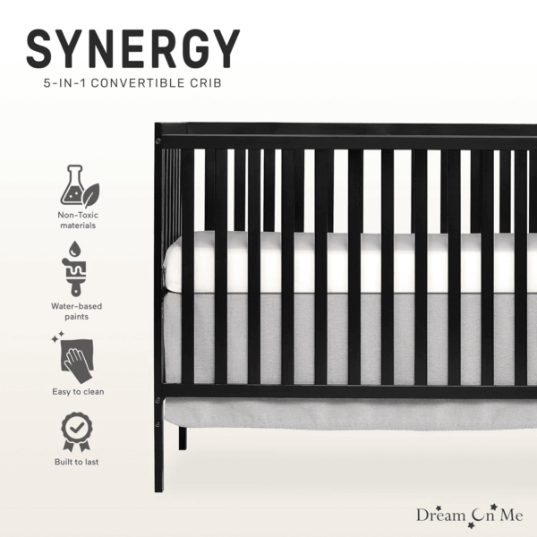 Synergy 5-In-1 Convertible Crib in Black, JPMA & Greenguard Gold Certified, Constructed Out of Solid Reclaimed New Zealand Pine Wood, Features 3 Mattress Height Settings - Image 4