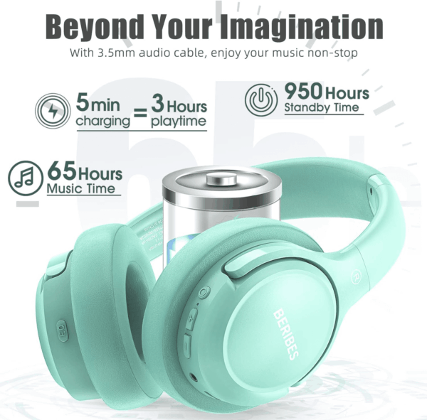 Bluetooth Wireless Headphones over Ear, 65H Playtime and 6 EQ Music Modes with Microphone,Hifi Stereo Foldable Lightweight Headset, Deep Bass for Home Office Cellphone PC Etc.(Green) - Image 3