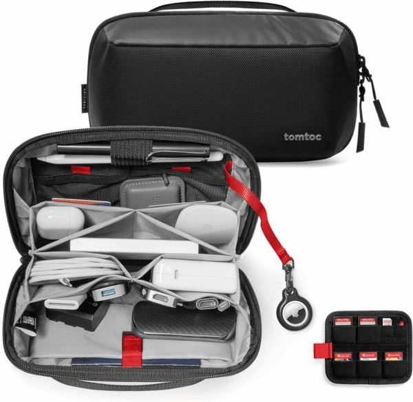 Electronic Organizer Accessory Pouch for Macbook Charger, Cables, Power Bank, Hard Drive, Cords, Water-Resistant Storage Bag with Removable Card Slots for USB Adapter, Memory Card, Black