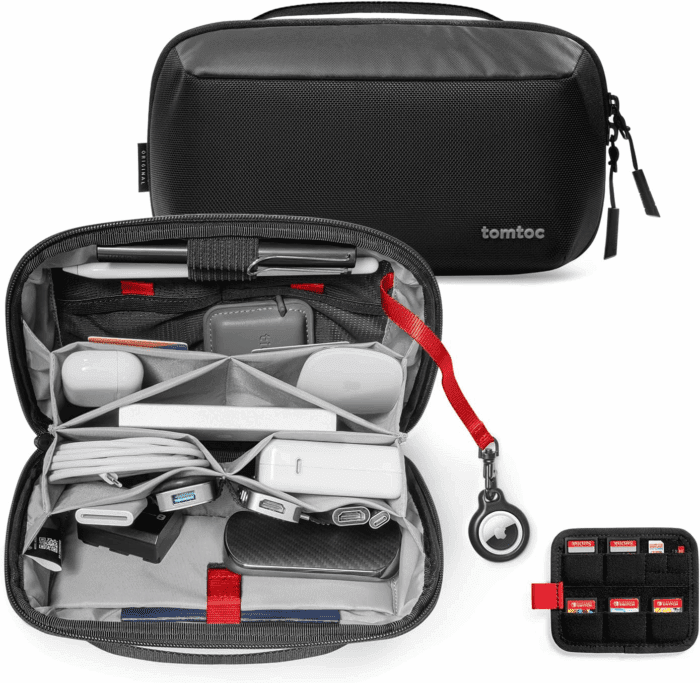 Electronic Organizer Accessory Pouch for Macbook Charger, Cables, Power Bank, Hard Drive, Cords, Water-Resistant Storage Bag with Removable Card Slots for USB Adapter, Memory Card, Black