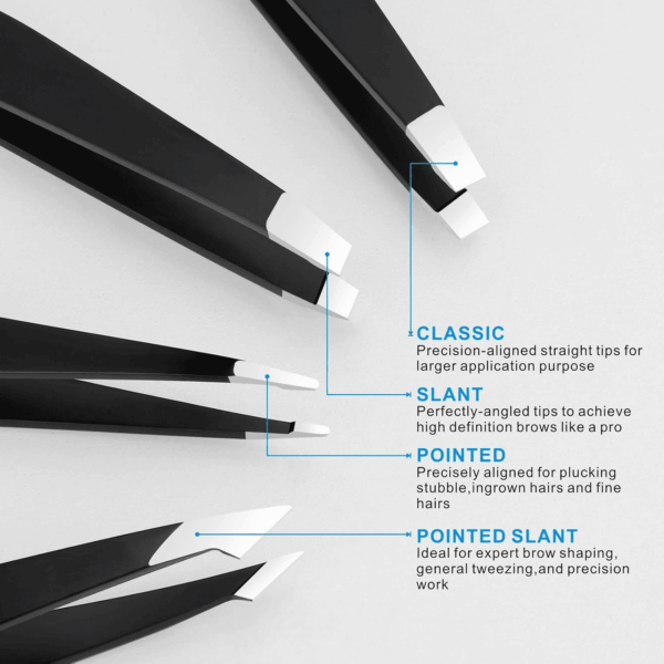 Tweezers Set - Professional Stainless Steel Tweezers for Eyebrows - Great Precision for Facial Hair, Splinter and Ingrown Hair Removal (Black) - Image 3